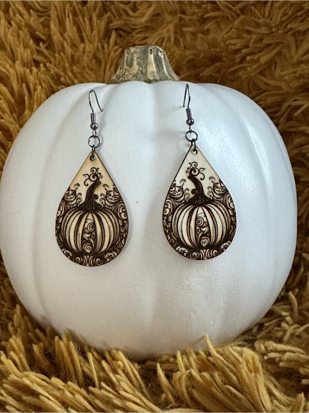 Ornate Pumpkin Wooden Teardrop Pumpkin Earrings | Whimsical Pumpkins